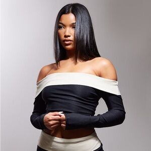 PrettyLittleThing NWT Black Stretch Off Shoulder Bardot Long Sleeved Top Sz 4